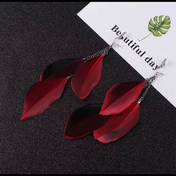 CLIP ON Fashion Red Feather Summer Tassel Earring - Picture 3 of 3